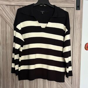 Talbots Black and White V-Neck Striped Sweater